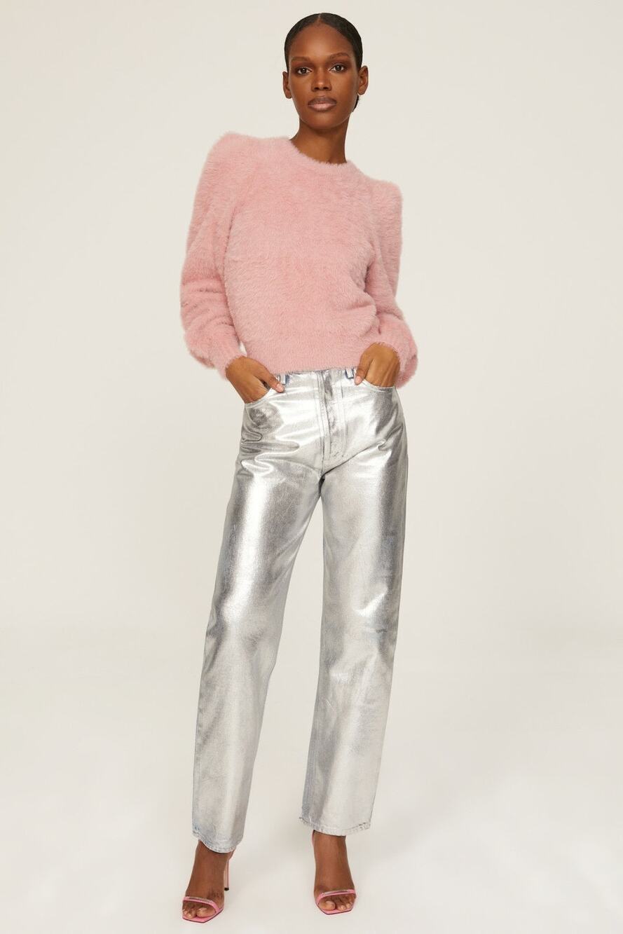 Ronny Kobo Pink Soft Fuzzy Knit Puff Long Sleeve Crewneck Sweater Size Medium